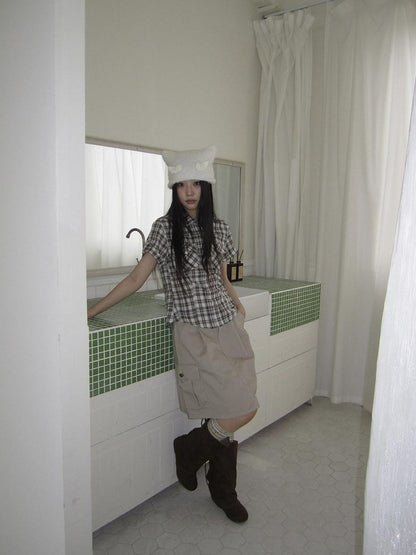 ang project Pocket Patchwork Plaid Waist Cinched Polo Collar Women&
