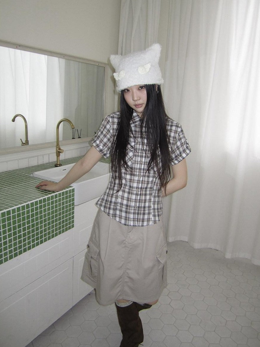 ang project Pocket Patchwork Plaid Waist Cinched Polo Collar Women&