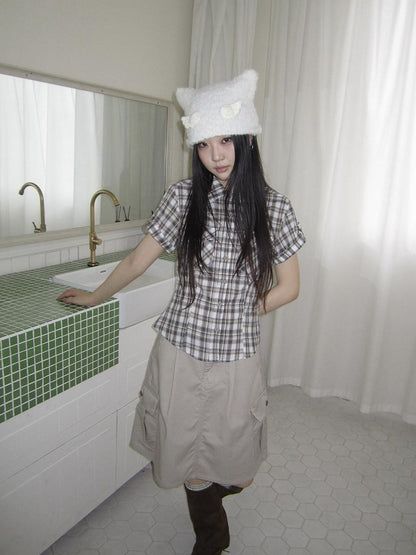 ang project Pocket Patchwork Plaid Waist Cinched Polo Collar Women&
