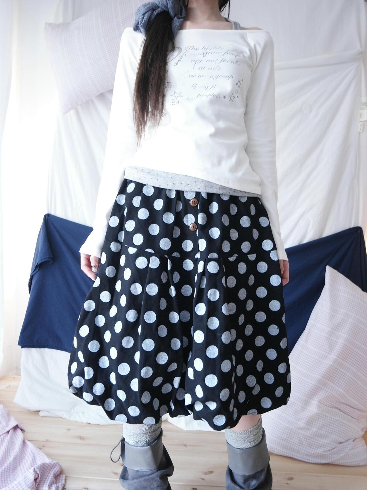 ang project Polka Dot Button Loose Vintage Bubble Women&