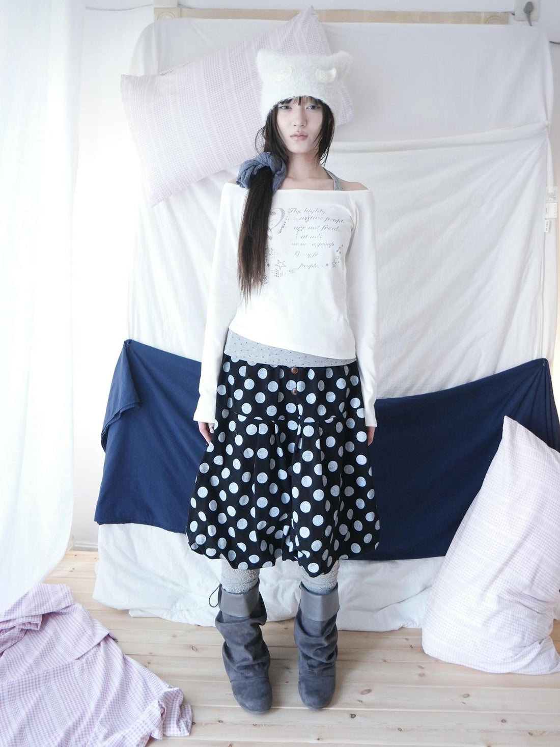 ang project Polka Dot Button Loose Vintage Bubble Women&