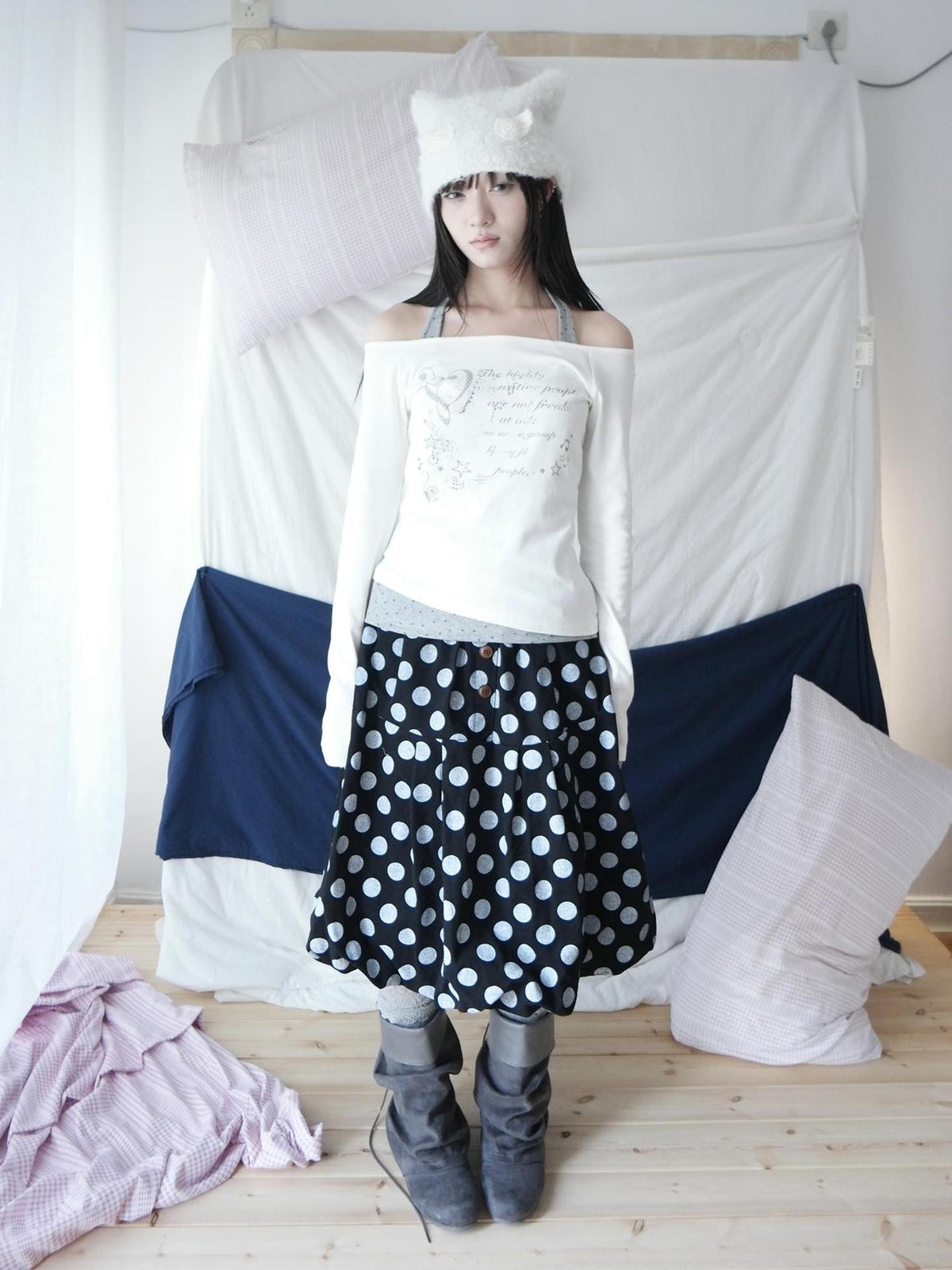 ang project Polka Dot Button Loose Vintage Bubble Women&