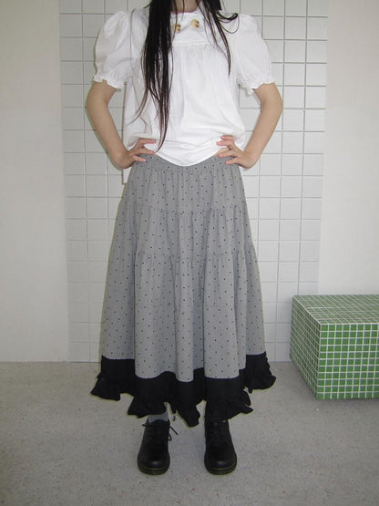 ang project Polka Dot Colorblock Patchwork Layered Aline Elastic Waist Women&