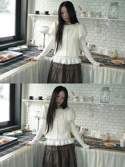 ang project Polka Dot Lace Puff Sleeve Round Neck Women&