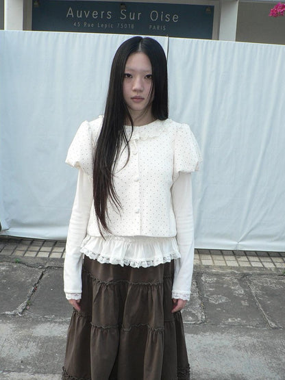 ang project Polka Dot Lace Puff Sleeve Round Neck Women&