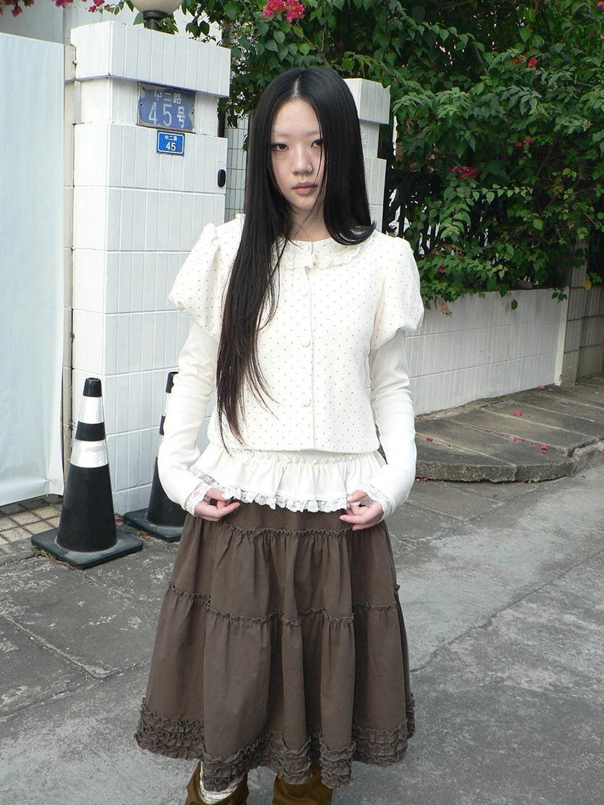 ang project Polka Dot Lace Puff Sleeve Round Neck Women&