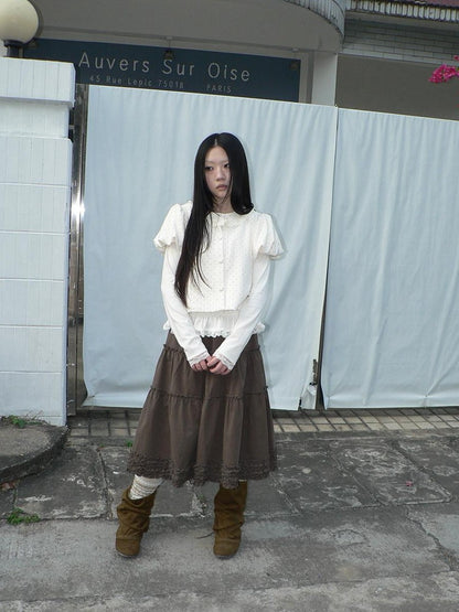 ang project Polka Dot Lace Puff Sleeve Round Neck Women&