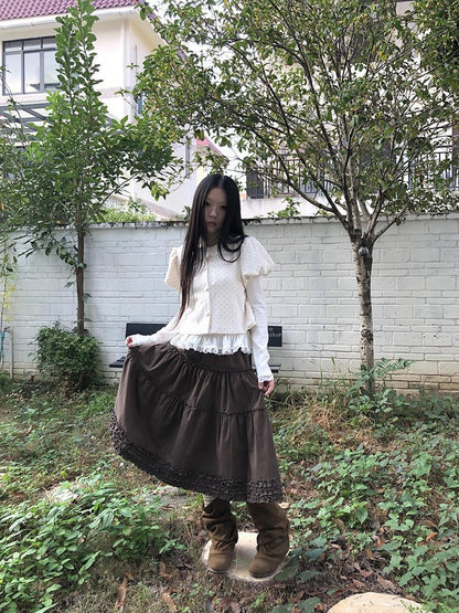 ang project Polka Dot Lace Puff Sleeve Round Neck Women&