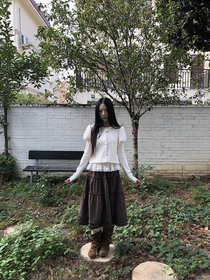 ang project Polka Dot Lace Puff Sleeve Round Neck Women&