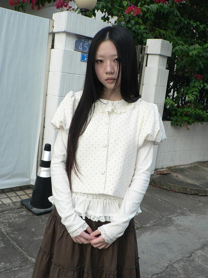ang project Polka Dot Lace Puff Sleeve Short Sleeve Women&