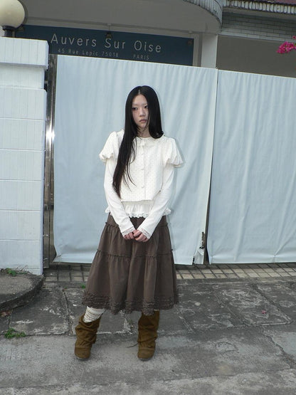 ang project Polka Dot Lace Puff Sleeve Short Sleeve Women&