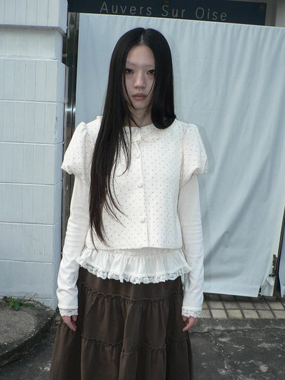 ang project Polka Dot Lace Puff Sleeve Short Sleeve Women&