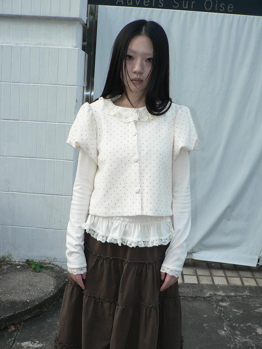 ang project Polka Dot Lace Puff Sleeve Short Sleeve Women&