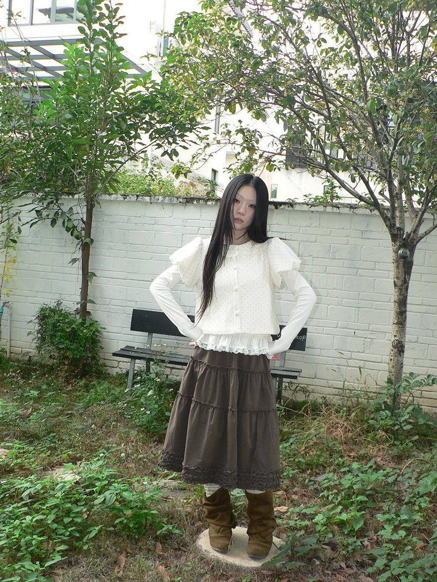 ang project Polka Dot Lace Puff Sleeve Short Sleeve Women&