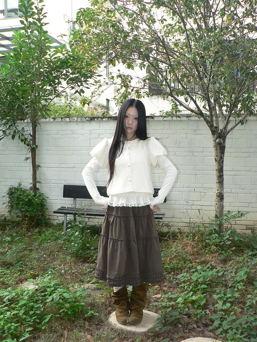 ang project Polka Dot Lace Puff Sleeve Short Sleeve Women&
