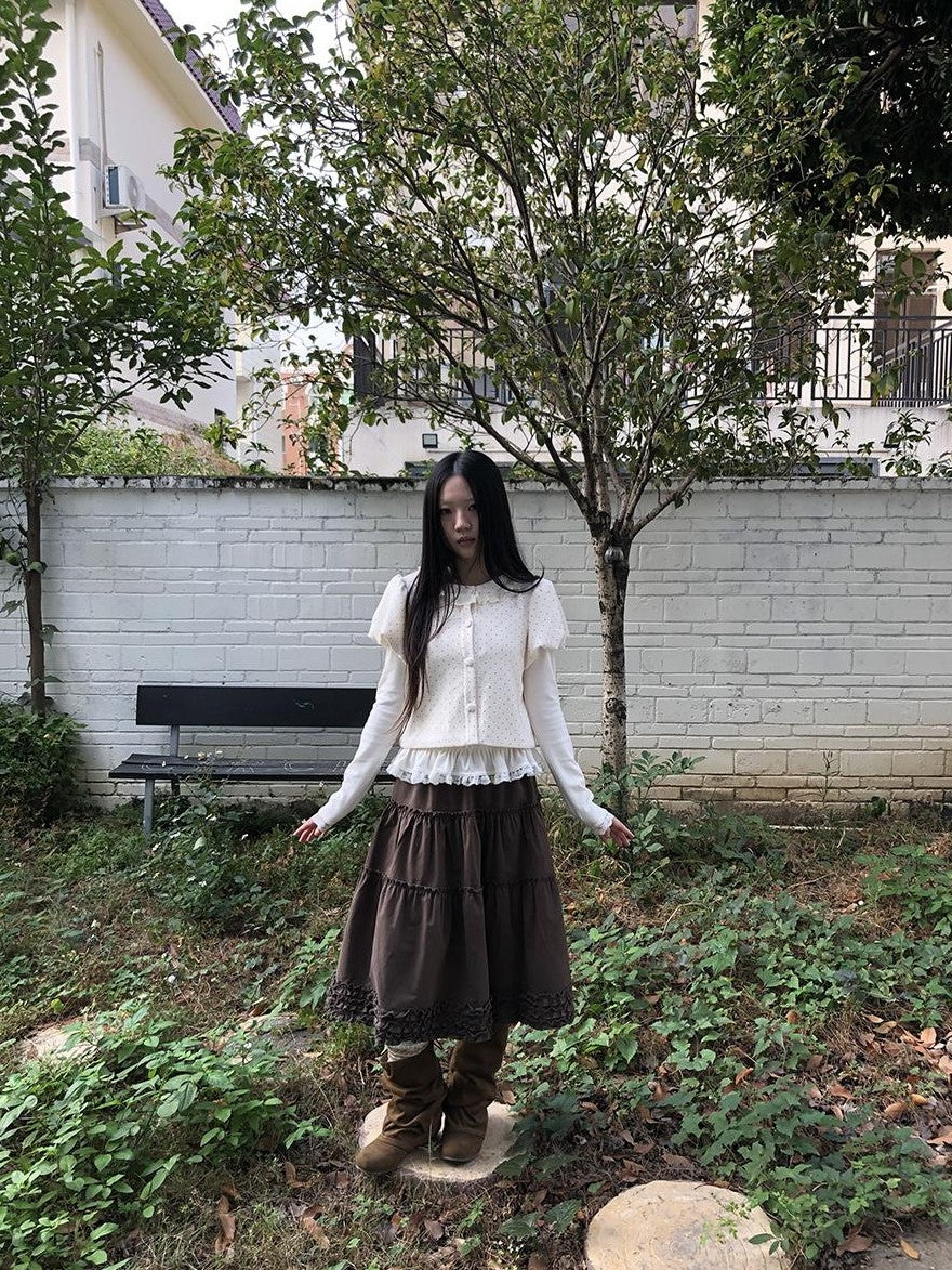 ang project Polka Dot Lace Puff Sleeve Short Sleeve Women&