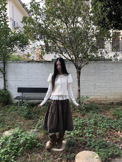 ang project Polka Dot Lace Puff Sleeve Short Sleeve Women&