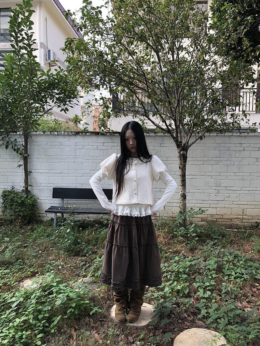 ang project Polka Dot Lace Puff Sleeve Short Sleeve Women&