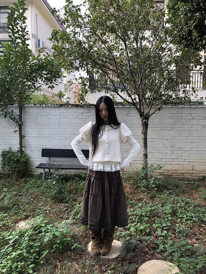 ang project Polka Dot Lace Puff Sleeve Short Sleeve Women&