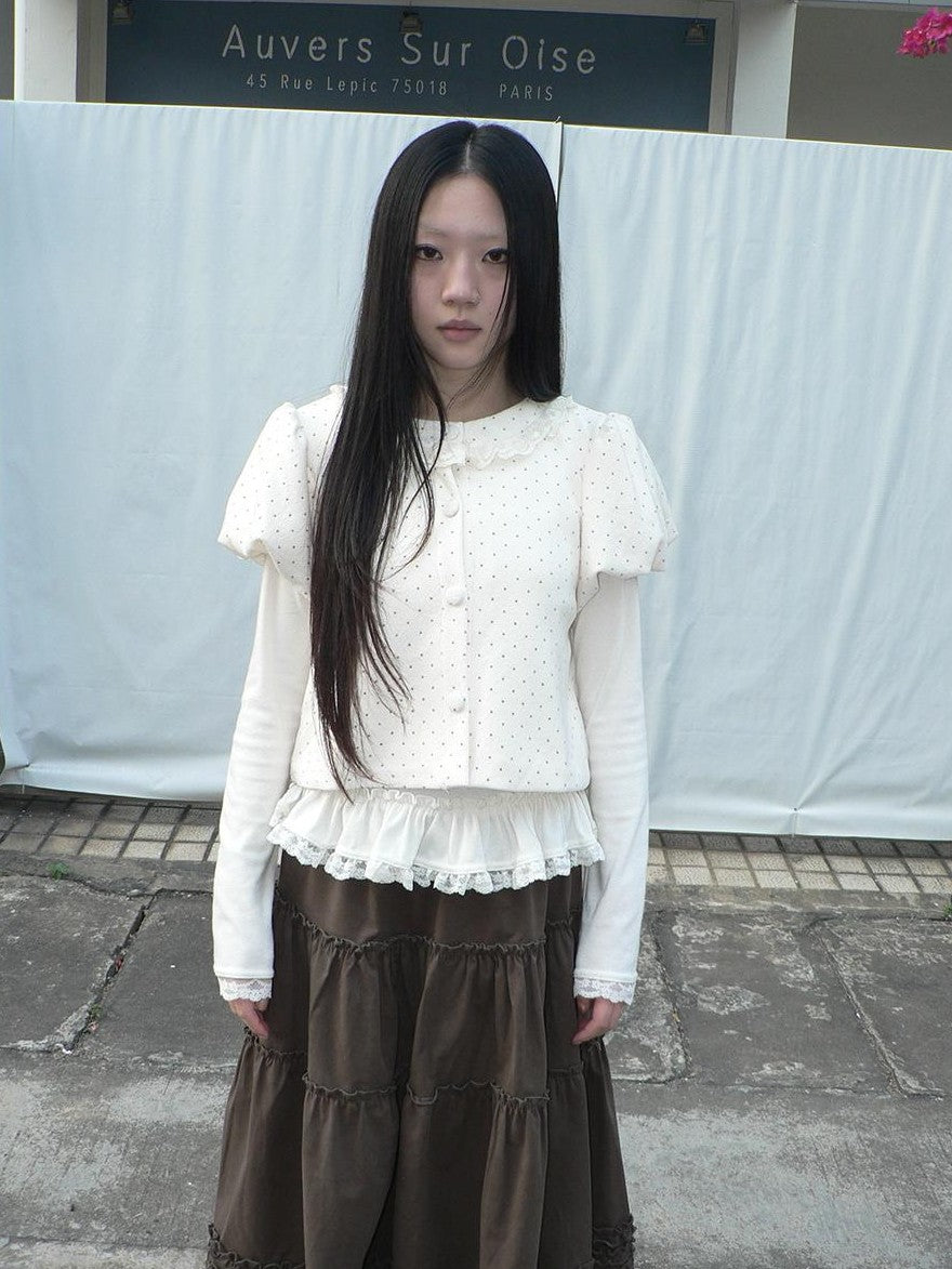 ang project Polka Dot Lace Puff Sleeve Short Sleeve Women&