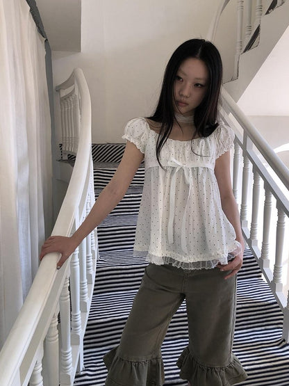 ang project Polka Dot Lace Splice Tie Puff Sleeve Square Neck Women&