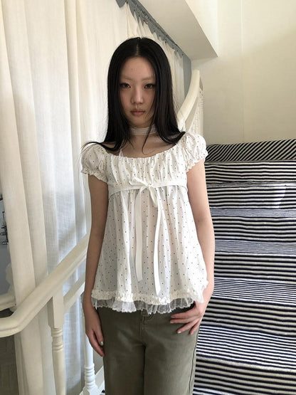 ang project Polka Dot Lace Splice Tie Puff Sleeve Square Neck Women&