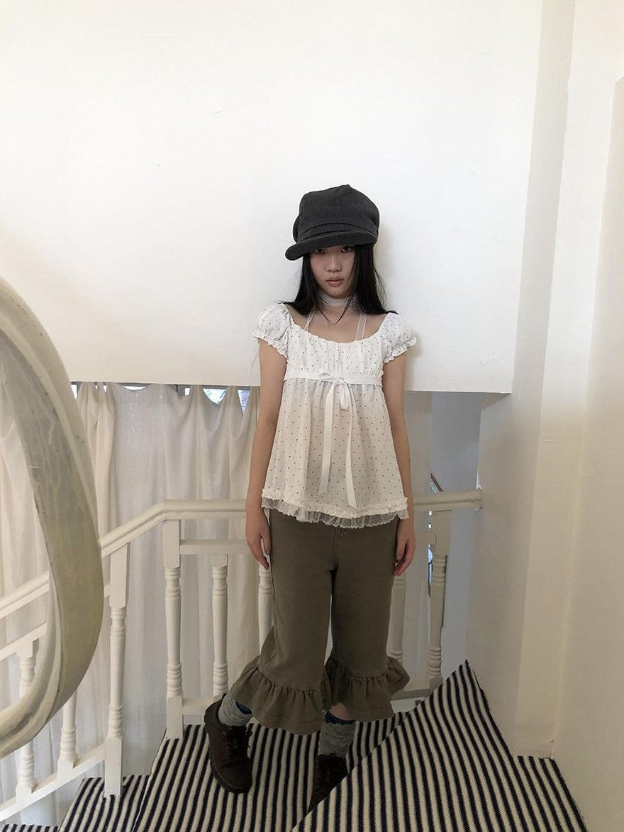 ang project Polka Dot Lace Splice Tie Puff Sleeve Square Neck Women&