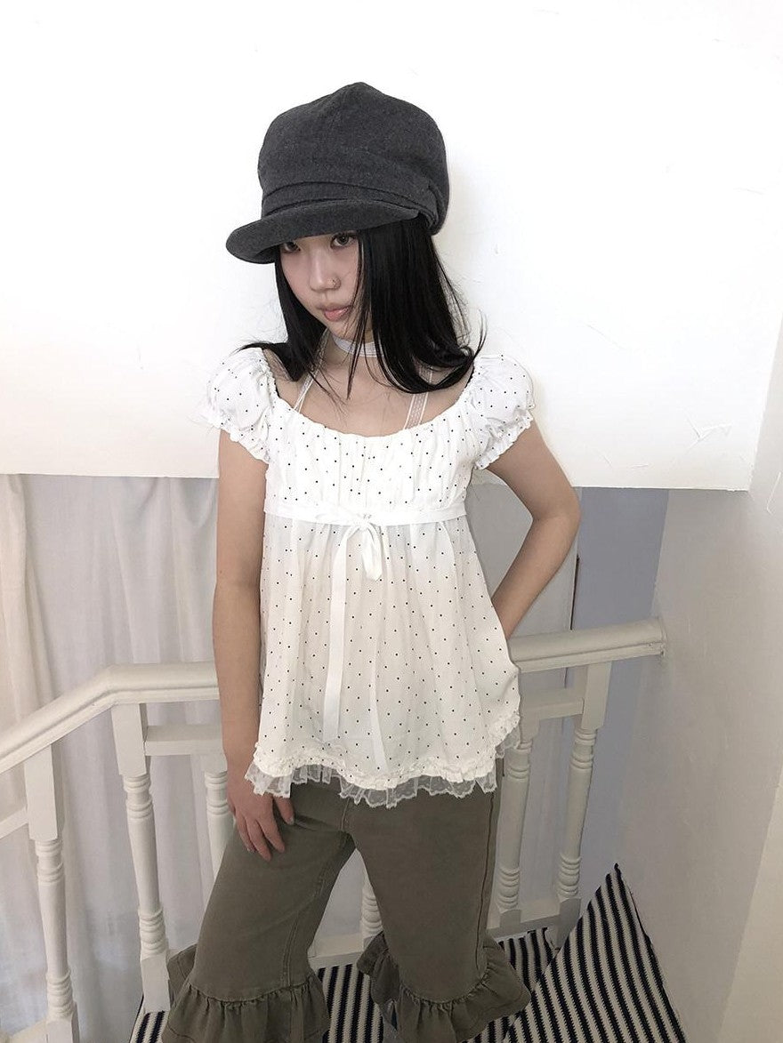 ang project Polka Dot Lace Splice Tie Puff Sleeve Square Neck Women&