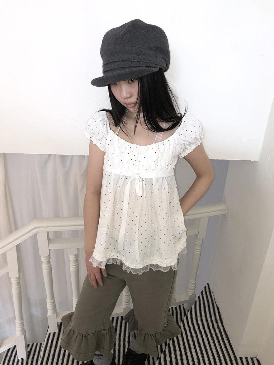 ang project Polka Dot Lace Splice Tie Puff Sleeve Square Neck Women&