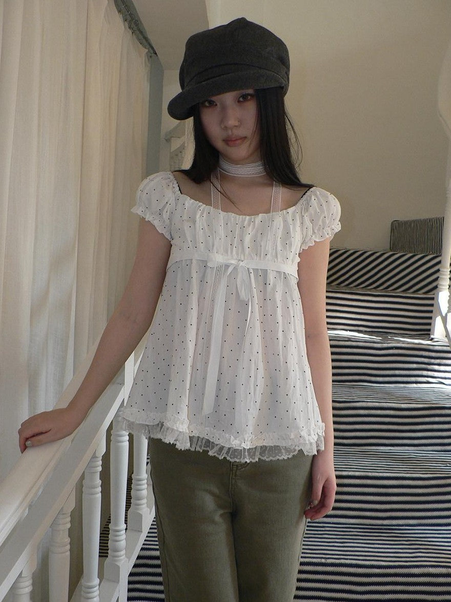 ang project Polka Dot Lace Splice Tie Puff Sleeve Square Neck Women&
