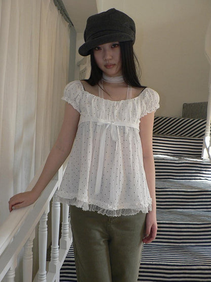 ang project Polka Dot Lace Splice Tie Puff Sleeve Square Neck Women&
