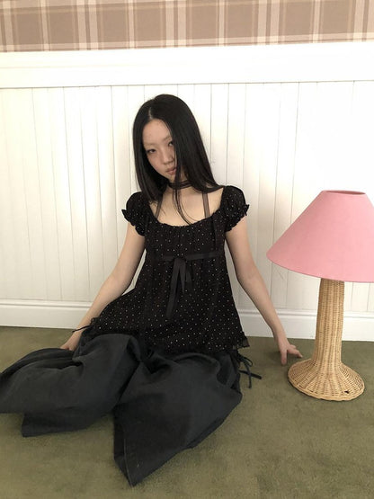 ang project Polka Dot Lace Splice Tie Puff Sleeve Square Neck Women&