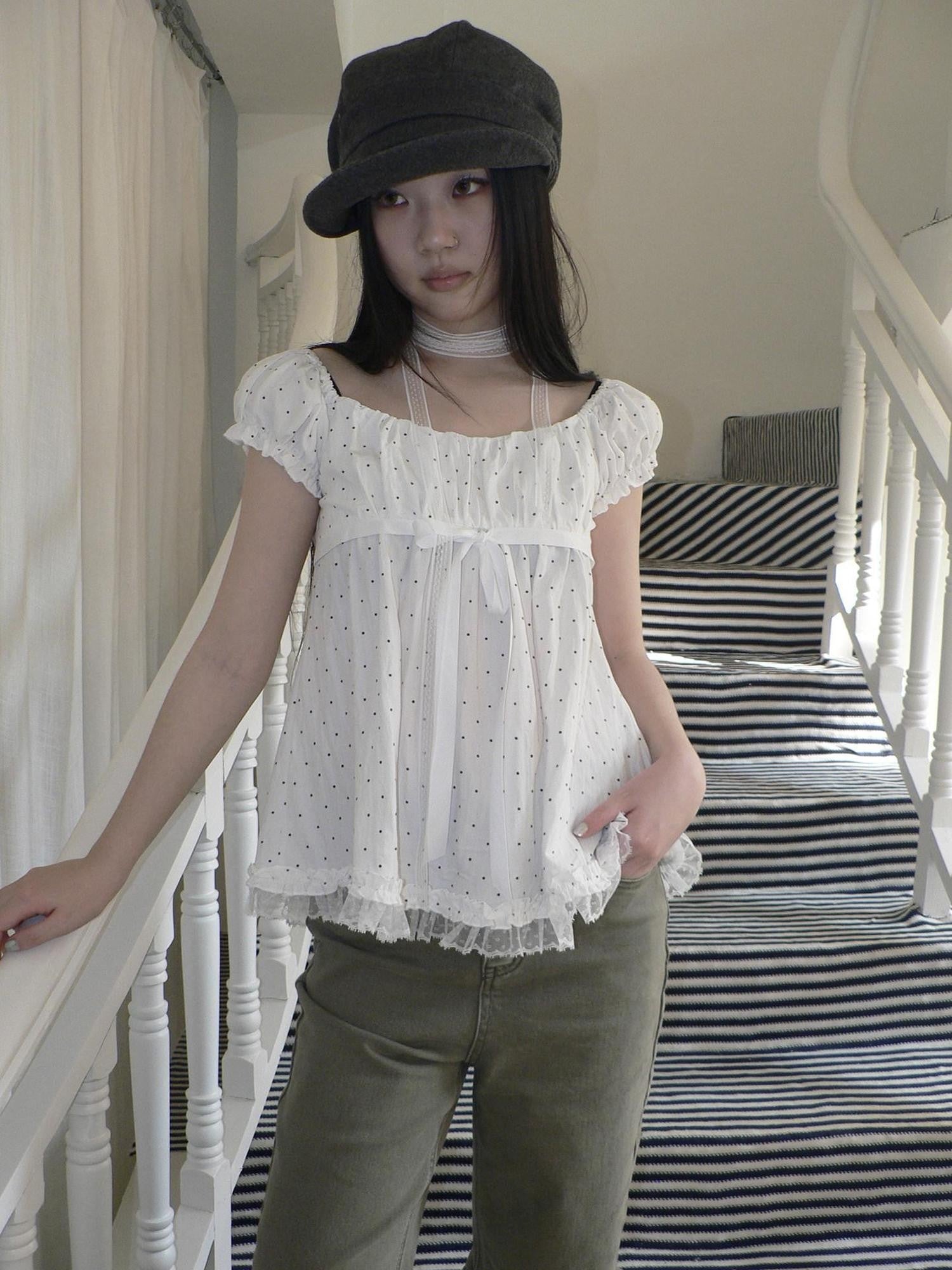 ang project Polka Dot Lace Splice Tie Puff Sleeve Square Neck Women&