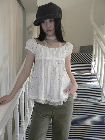 ang project Polka Dot Lace Splice Tie Puff Sleeve Square Neck Women&