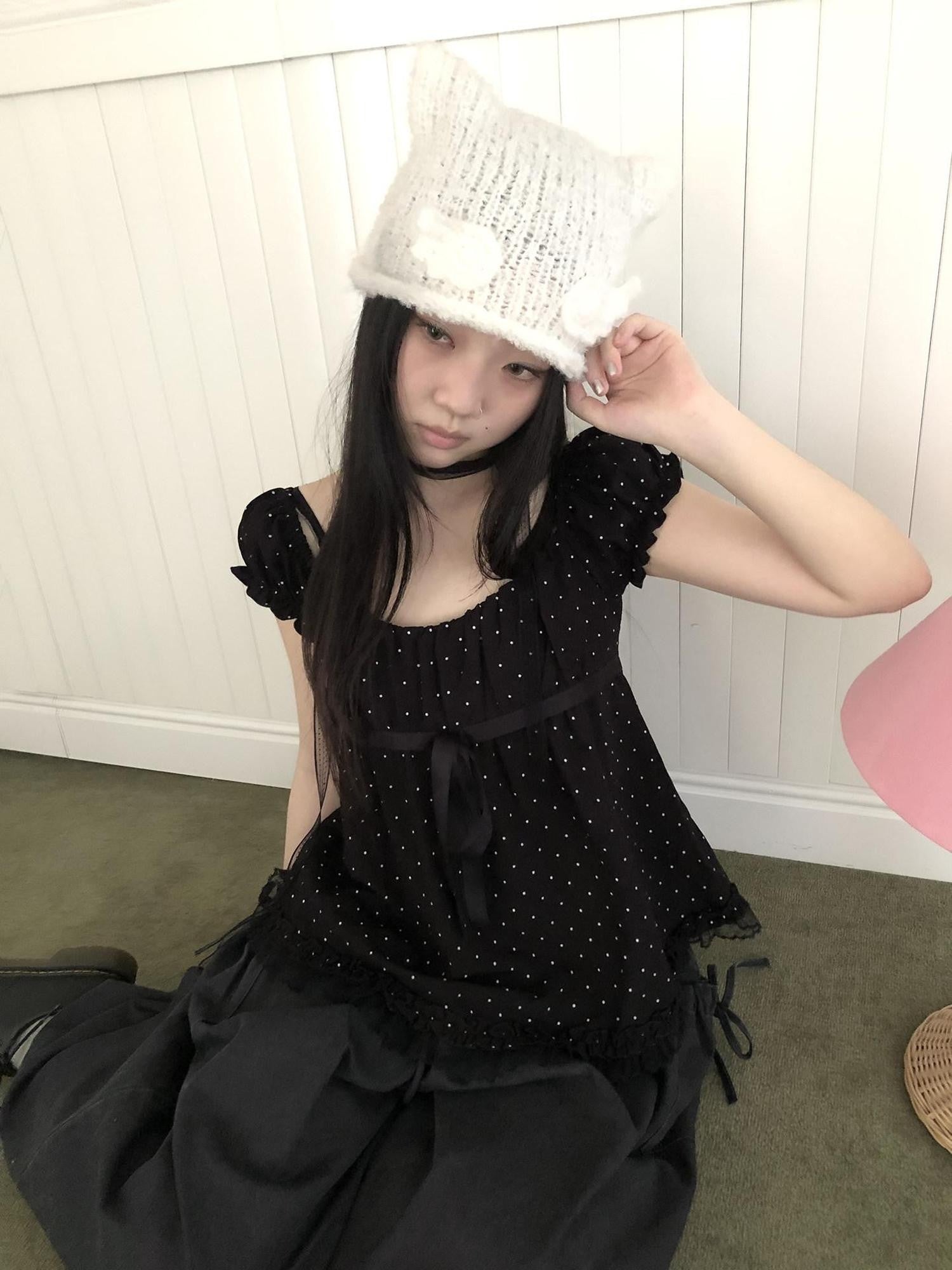 ang project Polka Dot Lace Splice Tie Puff Sleeve Square Neck Women&