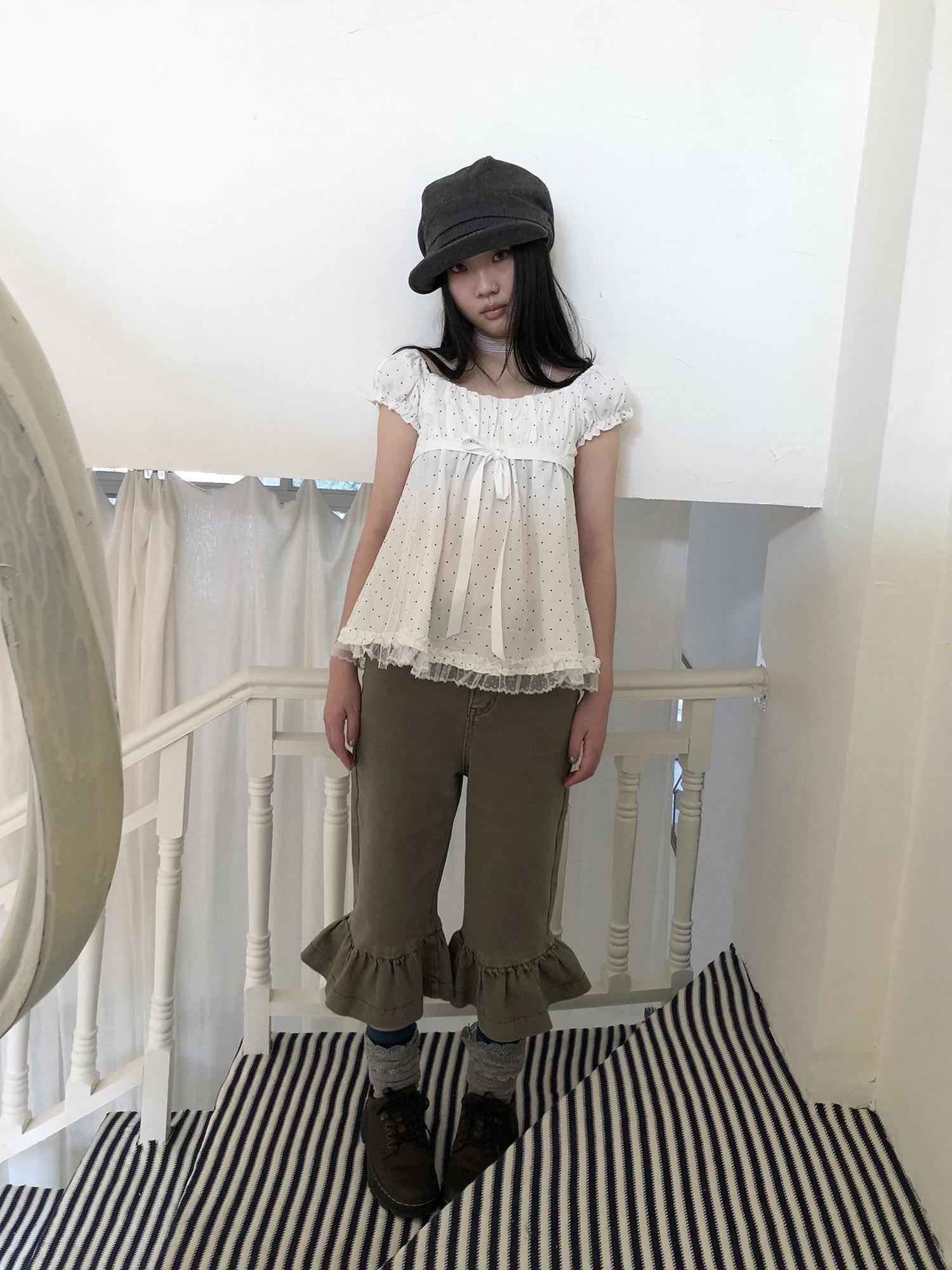 ang project Polka Dot Lace Splice Tie Puff Sleeve Square Neck Women&