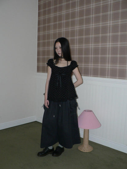 ang project Polka Dot Lace Splice Tie Puff Sleeve Square Neck Women&