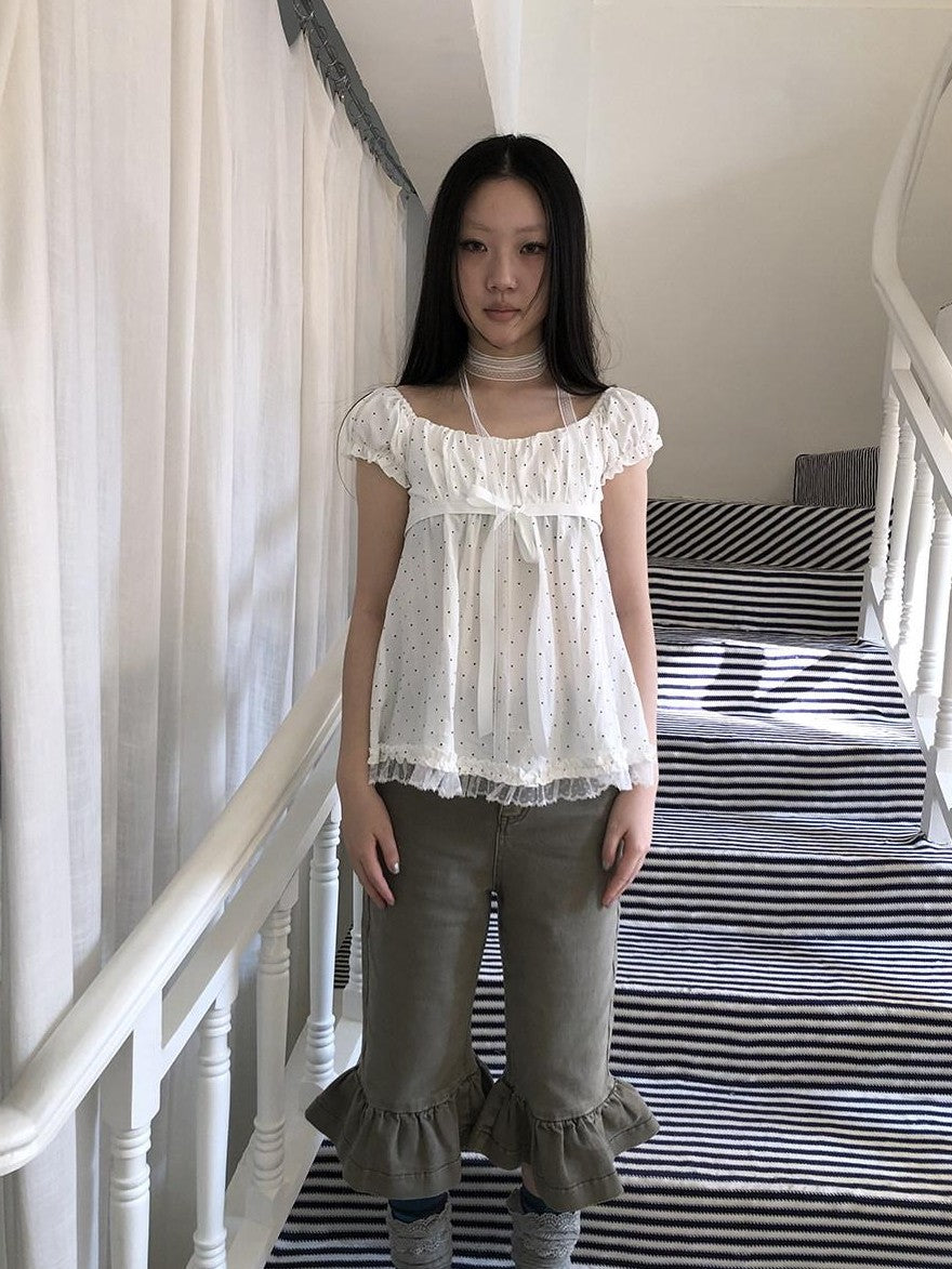 ang project Polka Dot Lace Splice Tie Puff Sleeve Square Neck Women&