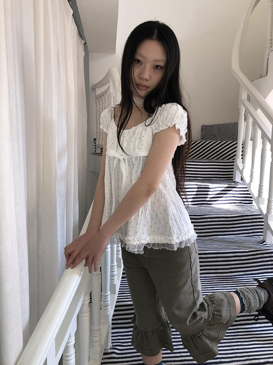 ang project Polka Dot Lace Splice Tie Puff Sleeve Square Neck Women&