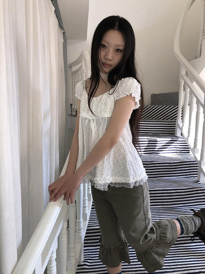 ang project Polka Dot Lace Splice Tie Puff Sleeve Square Neck Women&