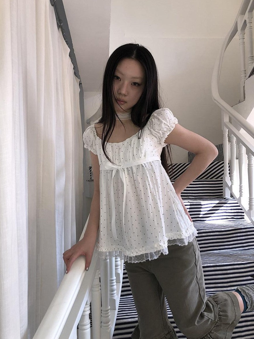 ang project Polka Dot Lace Splice Tie Puff Sleeve Square Neck Women&