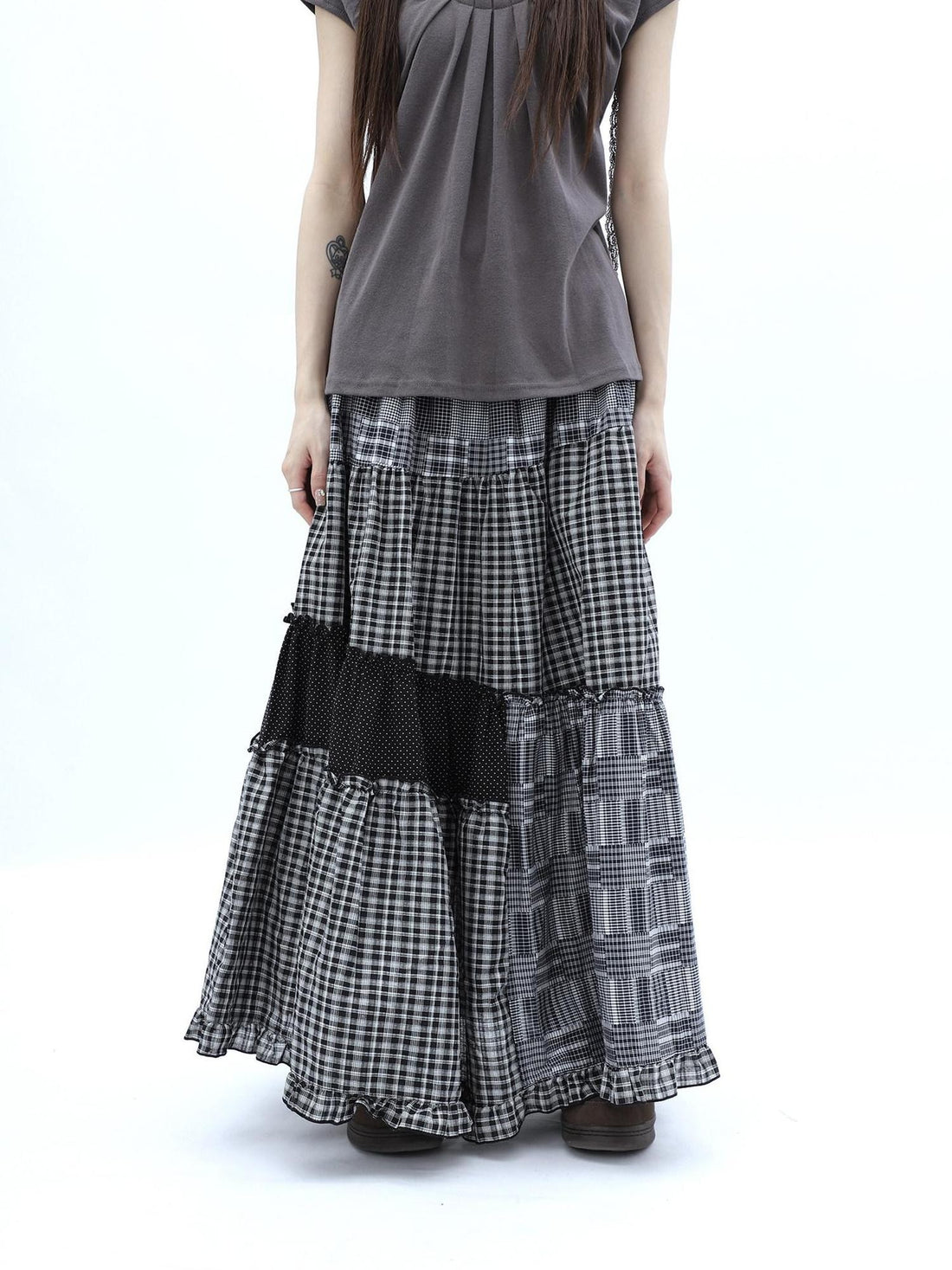 ang project Polka Dot Plaid Patchwork Ruffle Hem Women&