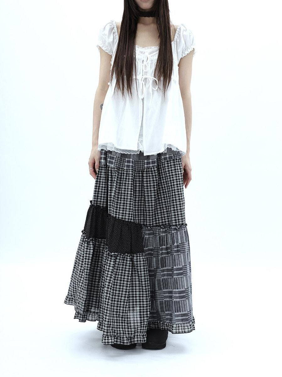 ang project Polka Dot Plaid Patchwork Ruffle Hem Women&