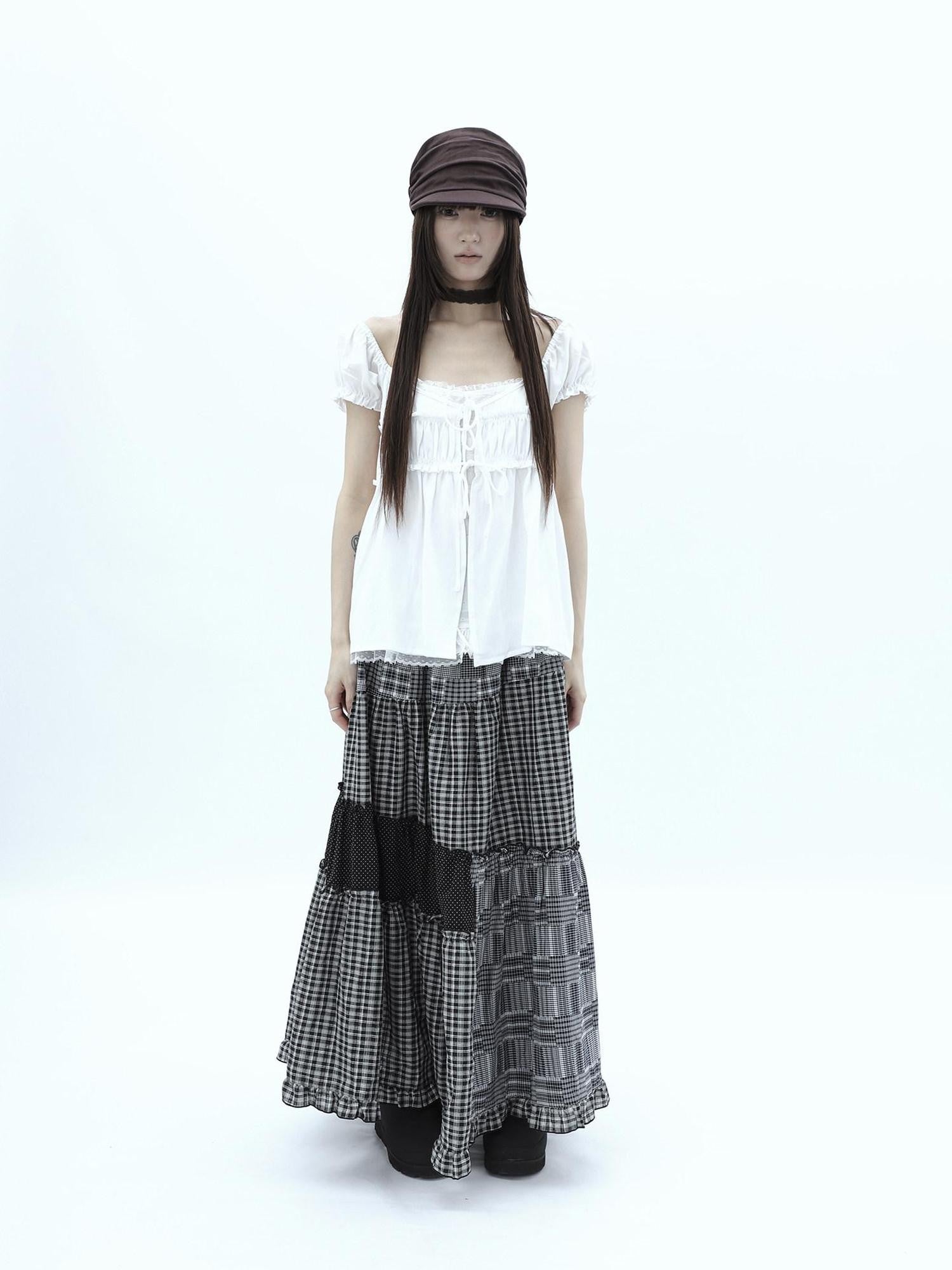 ang project Polka Dot Plaid Patchwork Ruffle Hem Women&
