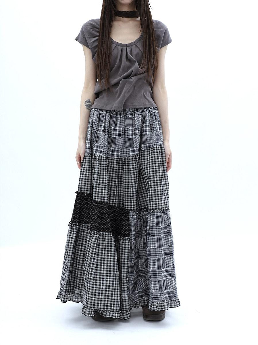 ang project Polka Dot Plaid Patchwork Ruffle Hem Women&