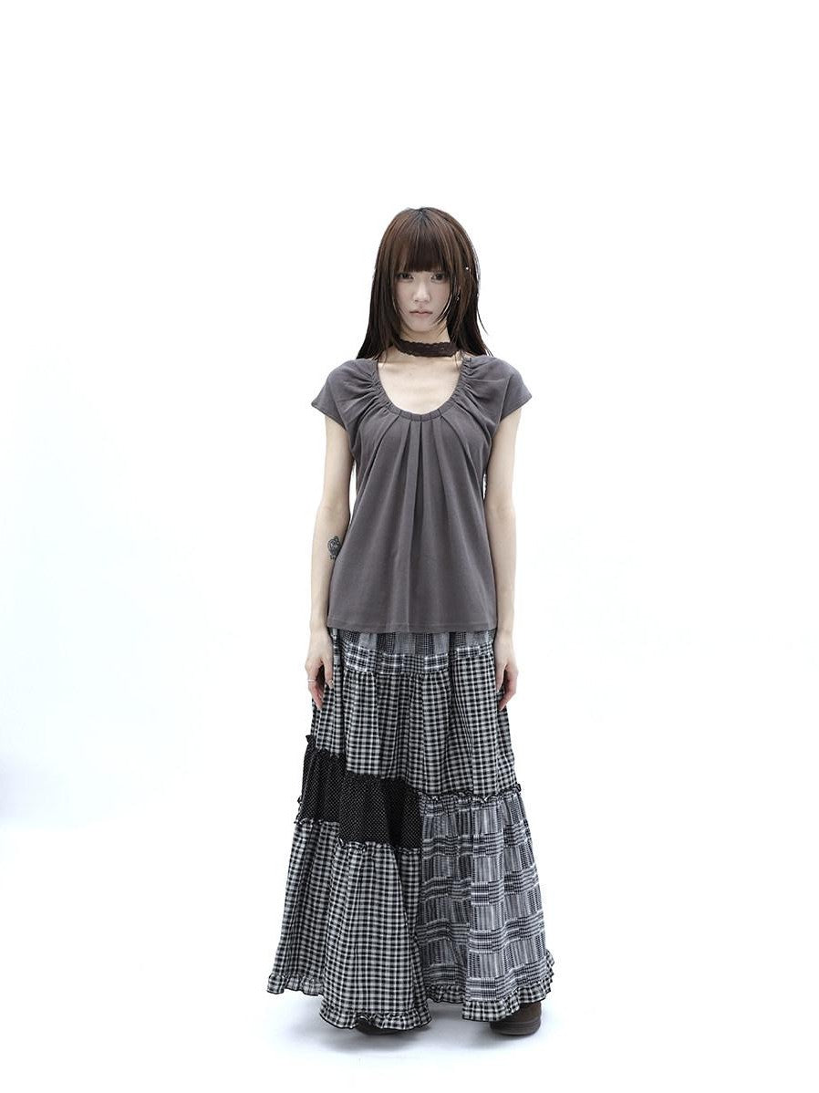 ang project Polka Dot Plaid Patchwork Ruffle Hem Women&