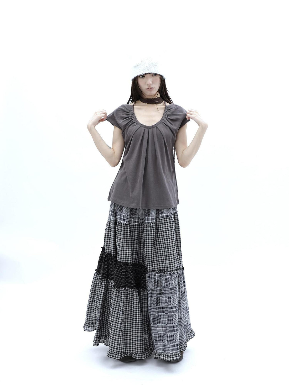 ang project Polka Dot Plaid Patchwork Ruffle Hem Women&