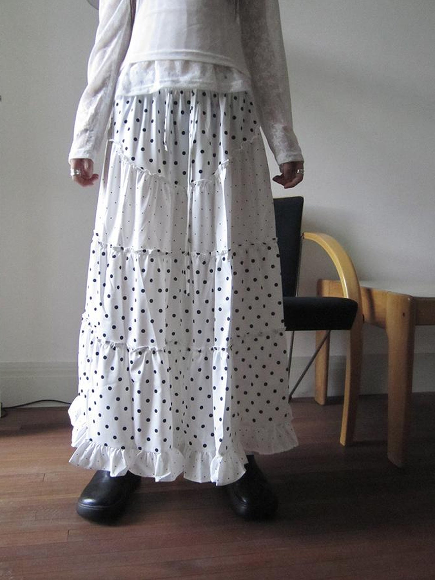 ang project Polka Dot Print Flounce Hem Elastic Waist Midi Skirt