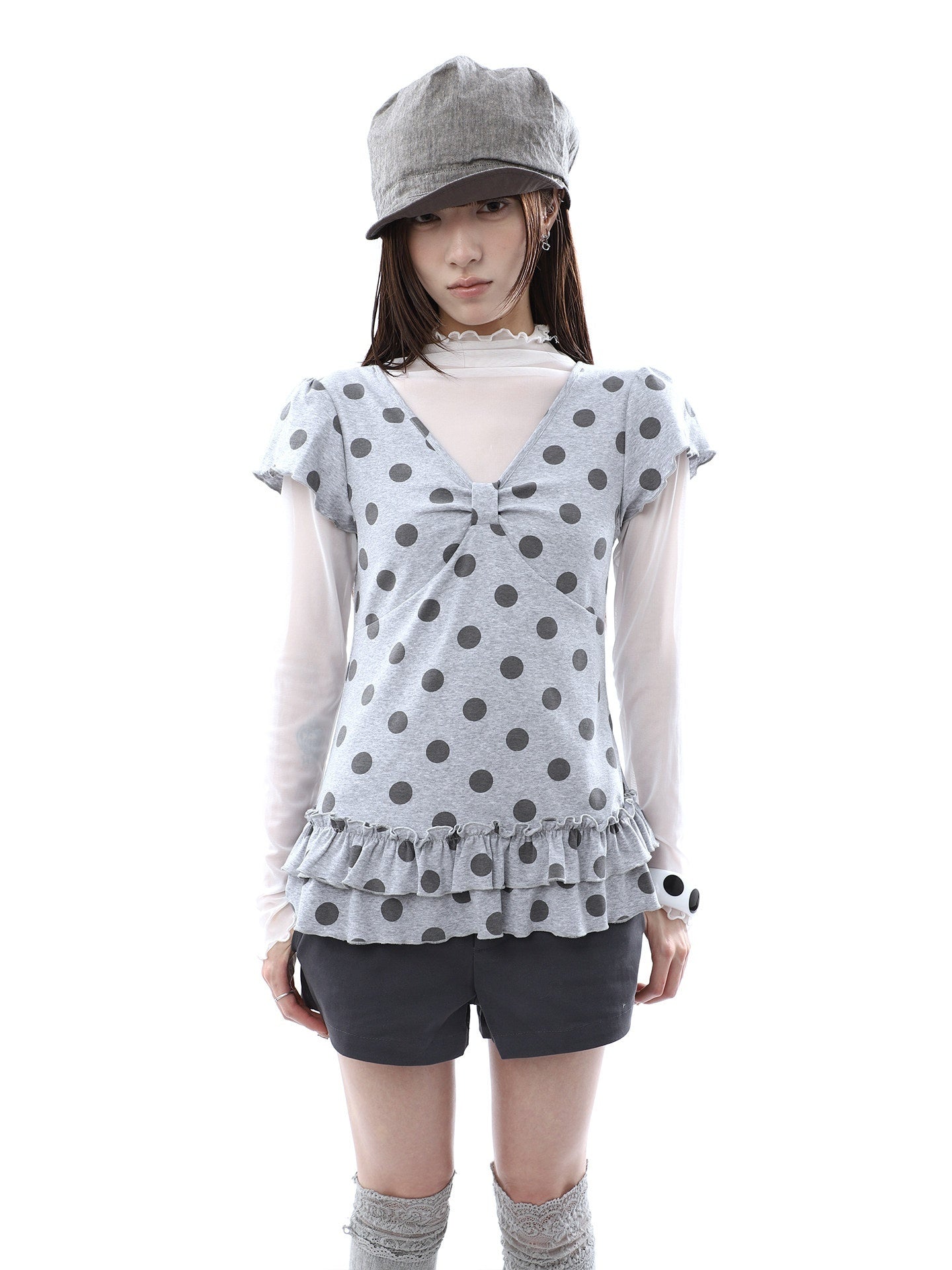 ang_project_Polka_Dot_Print_V-neck_Spliced_Layered_Hem_Women&