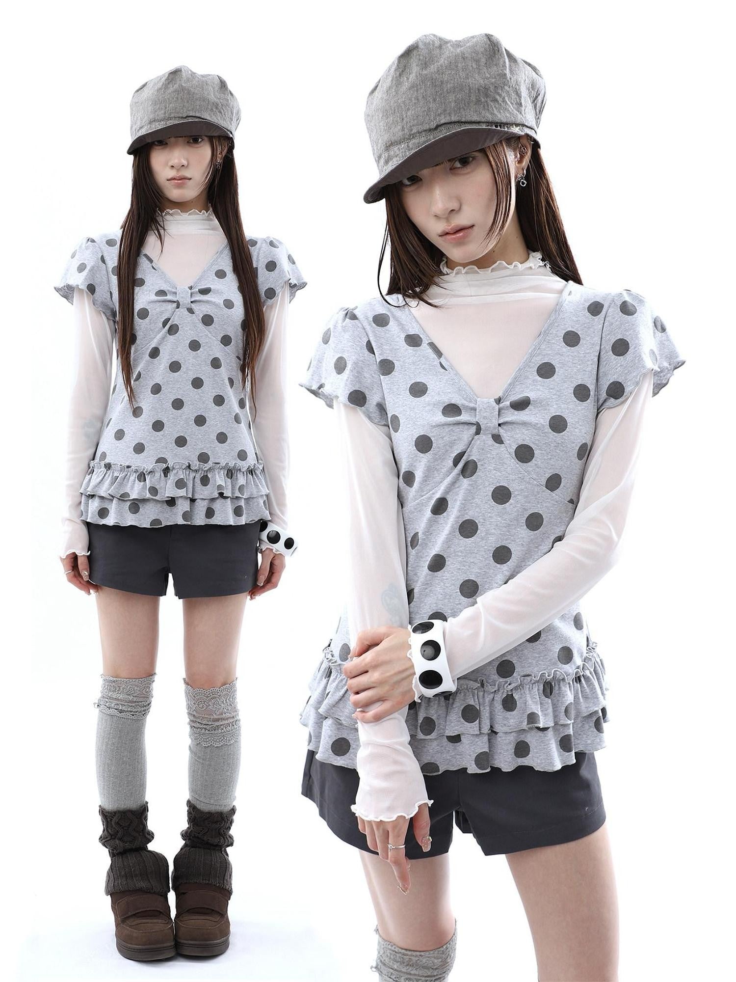ang project Polka Dot Print V-neck Spliced Layered Hem Women&